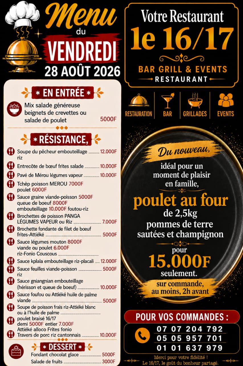 Affiche originale du menu Le 16/17 reçue sur WhatsApp